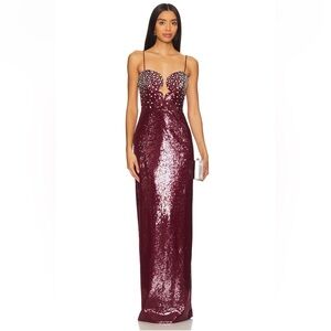 Rebecca Vallance x Nicky Hilton Zelda sequined gown burgundy